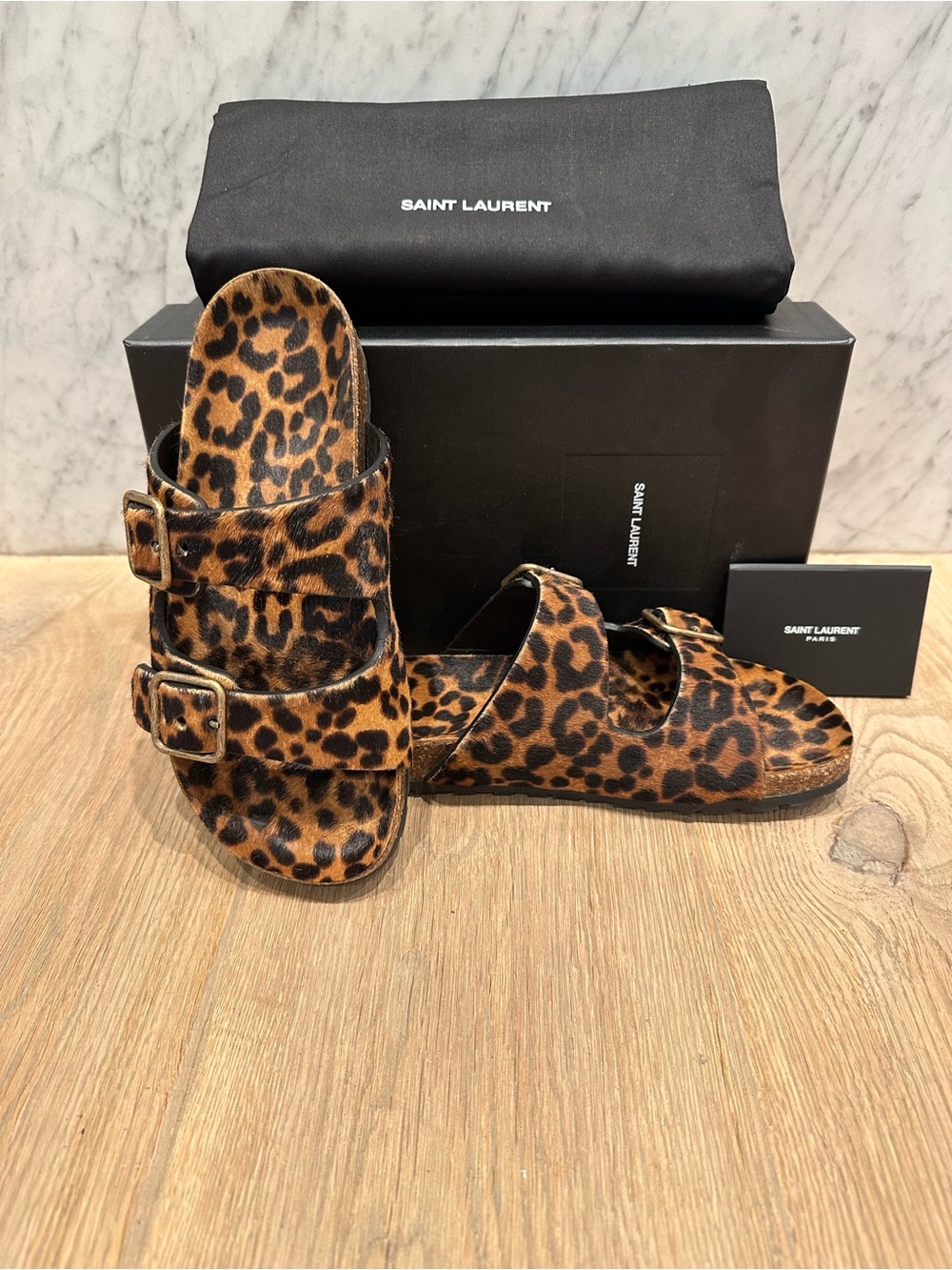 Saint Laurent Jimmy Flat Pony Hair Leopard Print Sandals